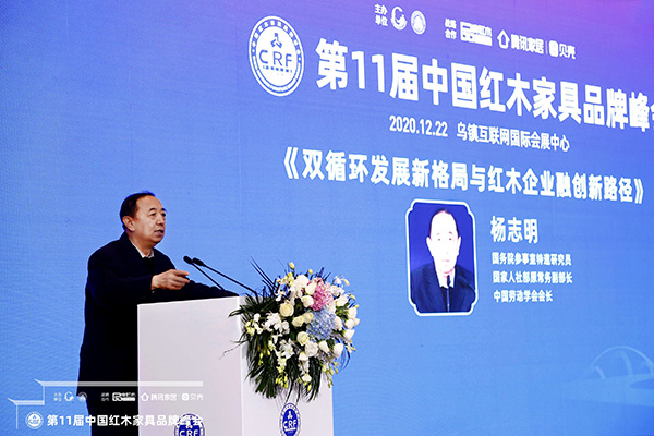 国务院参事室特邀研究员，国家人社部原党组副书记、副部长，中国劳动学会会长杨志明带来《双循环发展新格局与红木企业融创新路径》主题分享